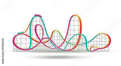 Illustration of a colorful roller coaster with cars on a white background with a grid structure underneath
