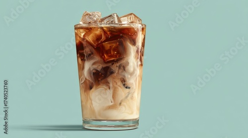 Creamy Iced Coffee with Ice Cubes in a Clear Glass on Blue Background