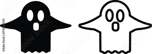 Ghost icon set in black flat and outline styles. Phantom or apparition haunting halloween ghost vectors, spooky ghost symbols, scary monster silhouette, horror cartoon phantom designs illustration.