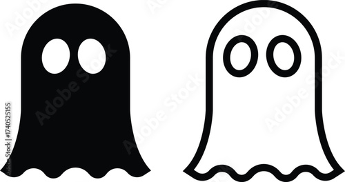 Ghost icon set in black flat and outline styles. Phantom or apparition haunting halloween ghost vectors, spooky ghost symbols, scary monster silhouette, horror cartoon phantom designs illustration.