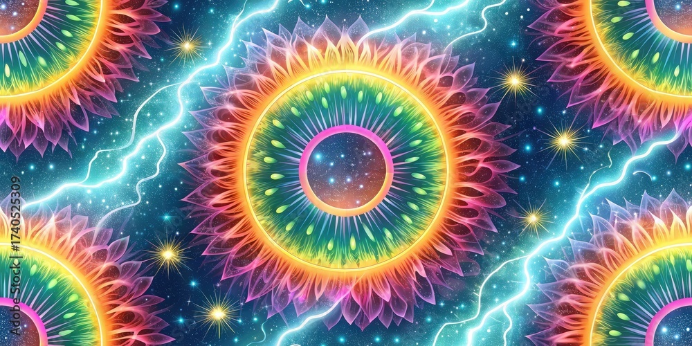 Fototapeta premium Cosmic Flower Seamless Pattern with Lightning Bright Colorful Illustration
