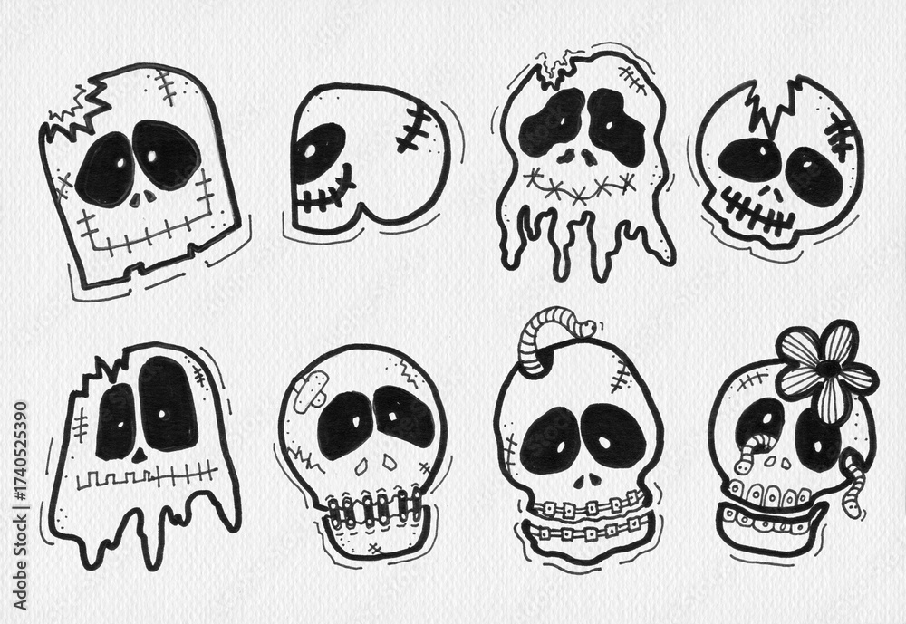 Fototapeta premium skull cartoon hand drawn on white paper texture background. halloween festive