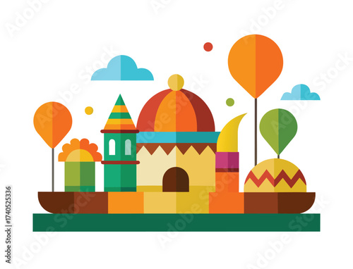Colorful Abstract Cityscape Illustration with Dome Trees and Clouds