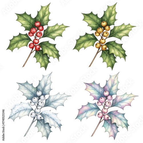 Four Holly Sprigs with Berries in Different Color Variations.