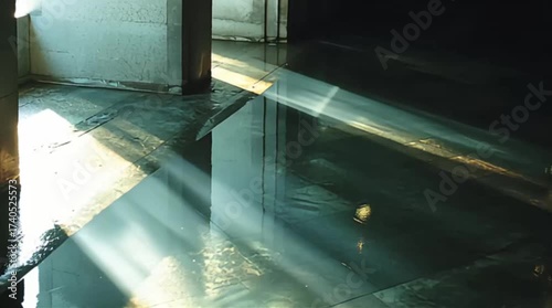 The corridor's architecture frames the light reflecting off the water flowing near the entrance