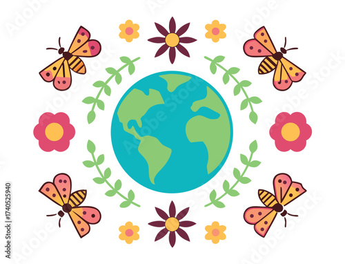 Earth surrounded by flowers leaves and butterflies for spring nature design