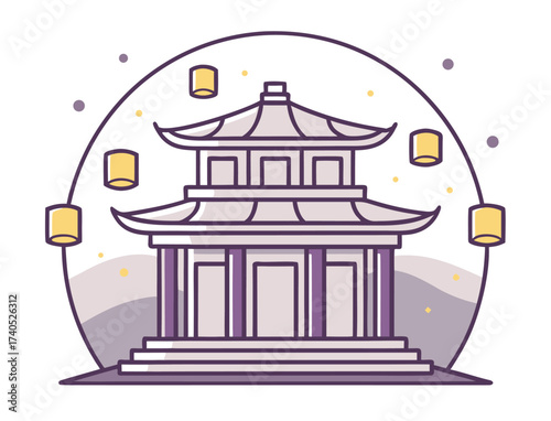 Minimalist pagoda illustration with lantern lights and purple hues design