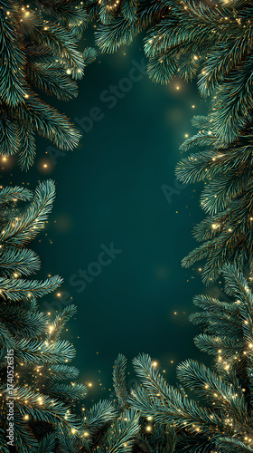 Teal green background framed with pine branches decorated with glowing golden fairy lights forming festive border with open center space
