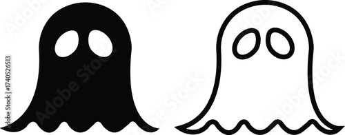 Ghost icon set in black flat and outline styles. Phantom or apparition haunting halloween ghost vectors, spooky ghost symbols, scary monster silhouette, horror cartoon phantom designs illustration.