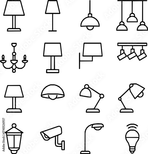 Lighting Fixtures — 16 Black Line Icons