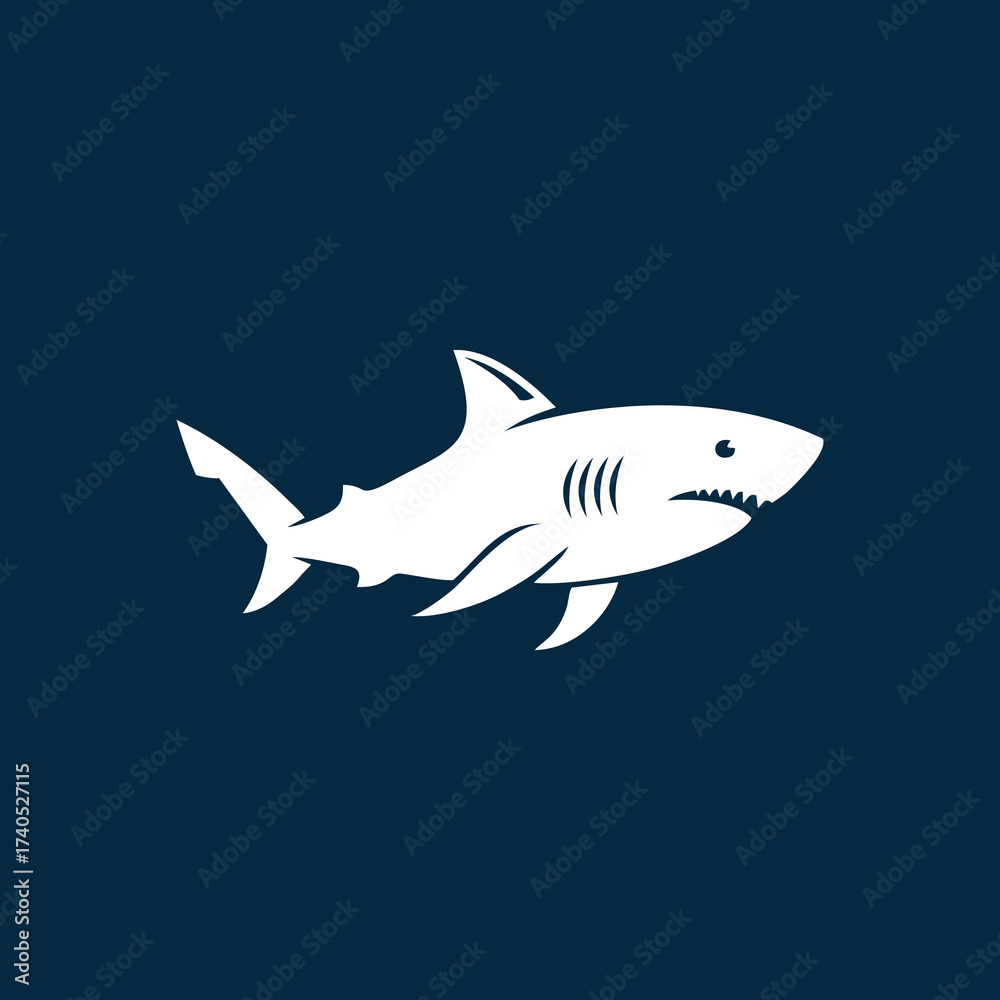 Obraz premium White shark silhouette swimming on a dark blue background, showcasing its distinctive dorsal fin and sharp teeth.