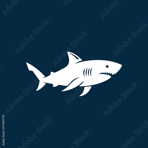 White shark silhouette swimming on a dark blue background, showcasing its distinctive dorsal fin and sharp teeth.