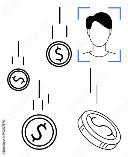 Facial outline with recognition frame alongside falling dollar coins. Ideal for finance, technology, biometrics, payment systems, artificial intelligence, security, and contactless economy. Simple