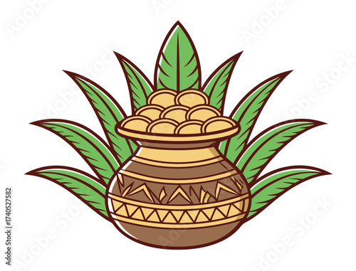 Illustration of prosperity pot with gold coins and green leaves design