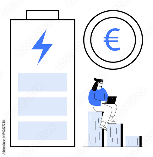 Woman sitting on bar chart steps with laptop, large battery with lightning, and euro coin overhead. Ideal for business strategy, energy efficiency, financial growth, investment planning, innovation