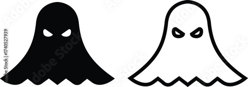Ghost icon set in black flat and outline styles. Phantom or apparition haunting halloween ghost vectors, spooky ghost symbols, scary monster silhouette, horror cartoon phantom designs illustration.