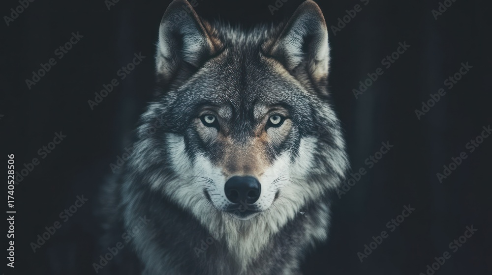 Obraz premium Grey Wolf Portrait in Dark Forest