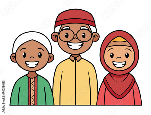 Cartoon illustration of a happy muslim family on white background