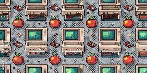 Vintage Computer And Apple Pattern Retro Technology Background Illustration