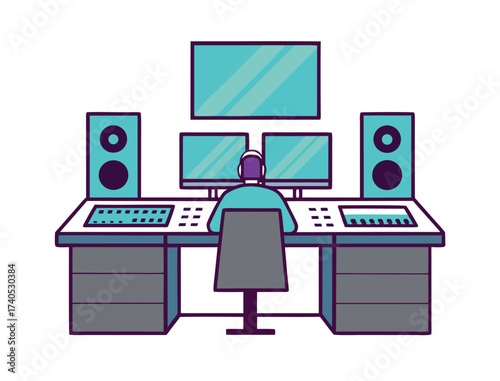 Illustration of audio engineer at sound mixing console with monitors