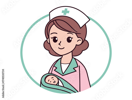 Cartoon nurse holding a newborn baby in her arms lovingly