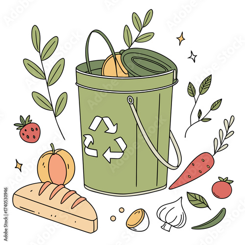 Eco friendly compost bin with fresh organic food ingredients and green leaves for sustainable living and waste reduction concept