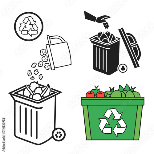 Collection of icons illustrating the process of composting organic waste and recycling with the universal recycling symbol