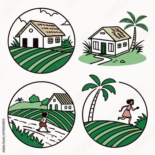 Four circular illustrations depicting rural village life with houses fields palm trees and people walking or running