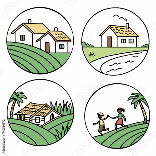 Four circular illustrations depicting rural village life with houses fields water and children playing in a simple charming style