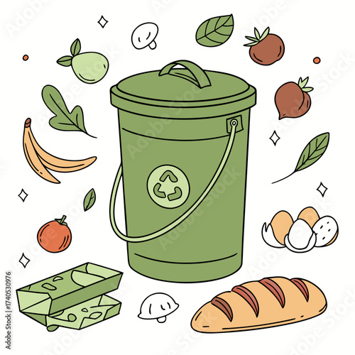 Green compost bin surrounded by various food scraps and organic waste items like fruits vegetables bread eggs and leaves for recycling and sustainability concept