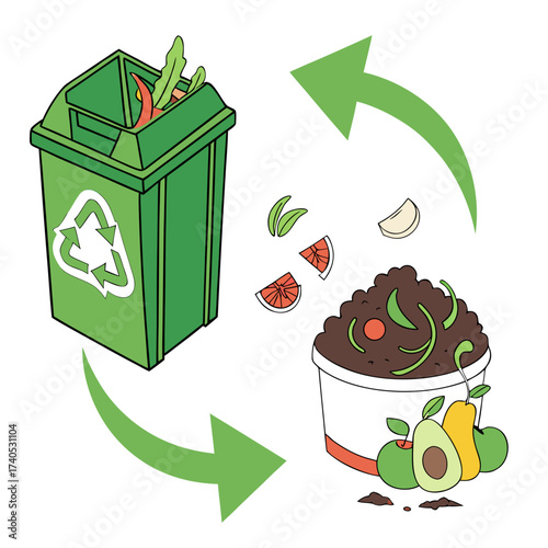Illustration of a green recycling bin with food scraps and a compost bin with finished compost and fresh produce
