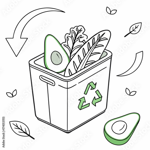 Illustration of a recycling bin filled with fresh vegetables and fruits symbolizing sustainable food practices and waste reduction