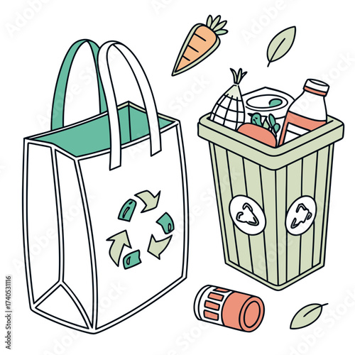 Illustration of a reusable shopping bag and a recycling bin filled with organic waste and recyclable items promoting sustainability