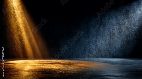 Elegant golden metallic surface illuminated by a single top spotlight on dark background. Luxury premium product presentation concept with clean blank zone for branding and advertising design.