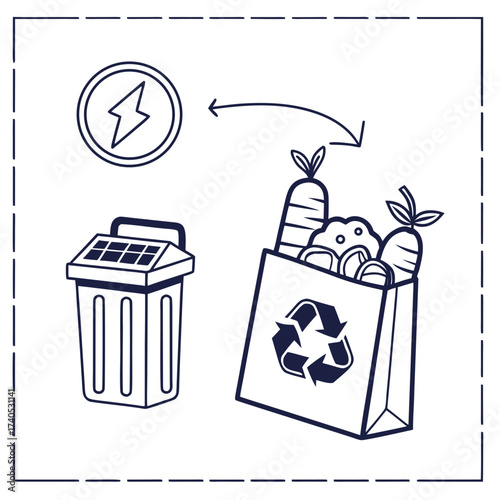 Illustration of a solar powered trash bin and a shopping bag filled with fresh produce and a recycling symbol