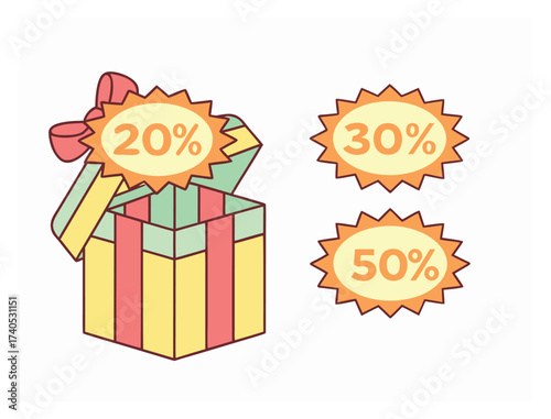 Gift box with discount tags promoting sale and special offers