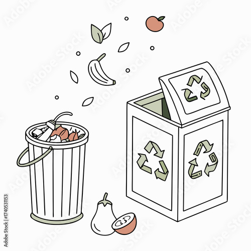 Illustration of food waste being sorted into a recycling bin and a compost bin for sustainability and environmental protection