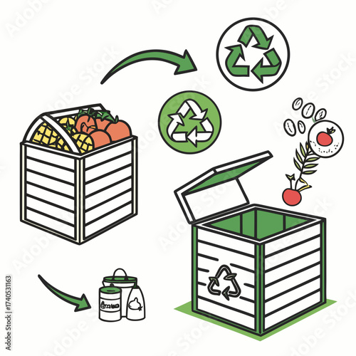 Illustration of food waste recycling process showing a crate of fruits and vegetables being sorted into a recycling bin for composting and other waste