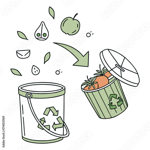 Illustration of kitchen scraps like apple and vegetable pieces being collected in a compost bin with recycling symbols for waste management and sustainability