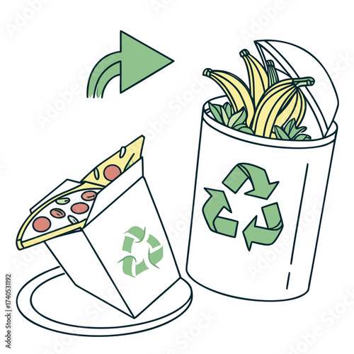 Illustration of leftover pizza and bananas being discarded into a recycling bin symbolizing food waste management and recycling