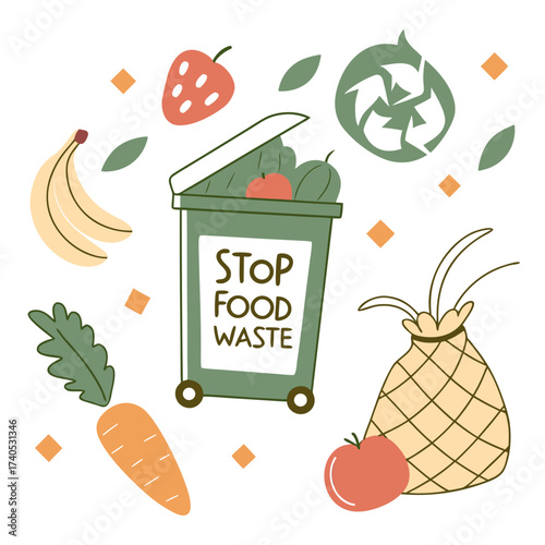 Stop food waste concept with fresh fruits and vegetables near a recycling bin and a reusable bag