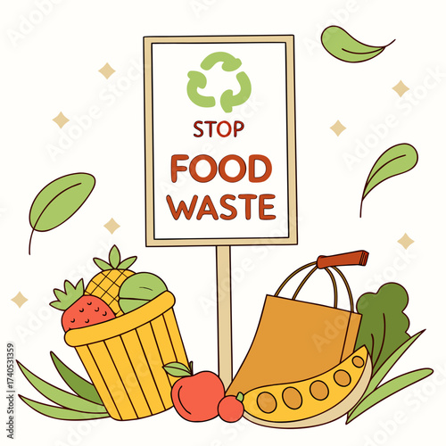 Stop food waste illustration with recycling symbol fresh fruits vegetables and shopping bag promoting sustainability and eco friendly practices