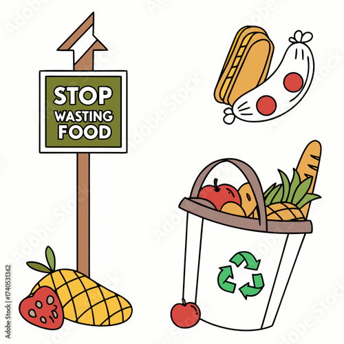 Stop wasting food sign with a shopping bag full of groceries and discarded food items