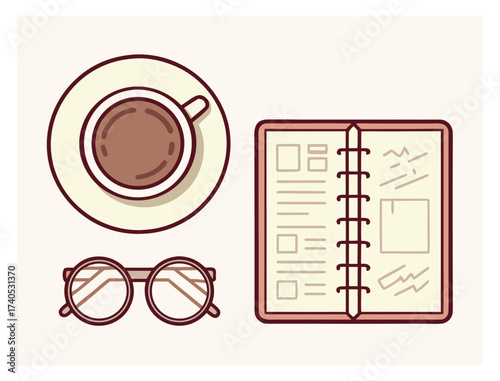 Coffee glasses and notebook simple vector illustration for work planning