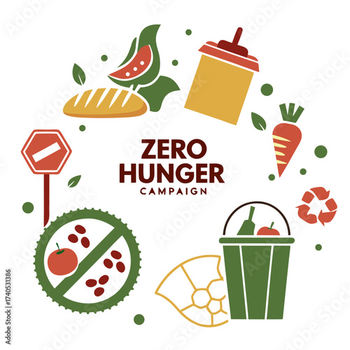 Zero hunger campaign graphic illustrating food waste reduction and sustainable food practices