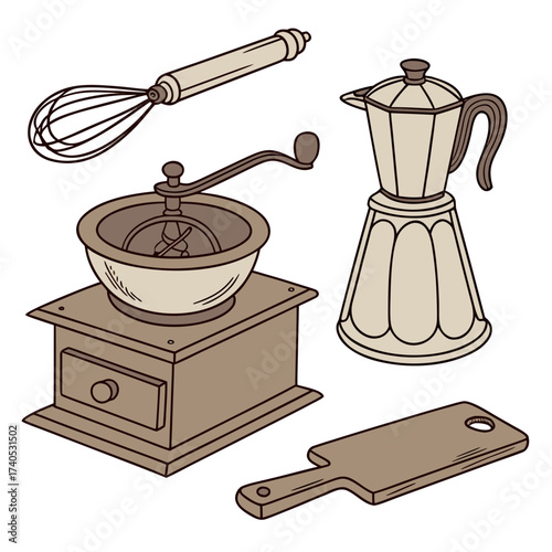 A collection of vintage kitchen tools including a manual coffee grinder a moka pot a whisk and a wooden cutting board