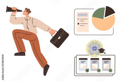 Man running with briefcase and looking through spyglass toward charts, graphs, and AI with data cards. Ideal for business, analytics, AI, trends, growth education and innovation themes. Simple flat