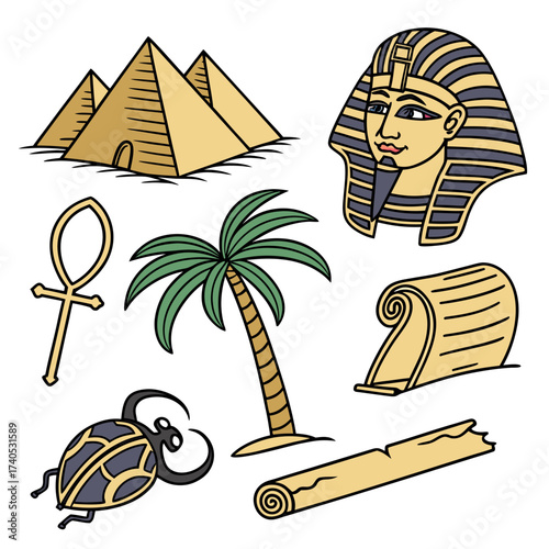 Collection of egyptian icons featuring pyramids pharaohs mask ankh palm tree scarab beetle and papyrus scrolls