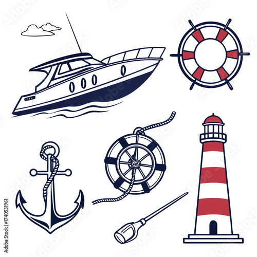 Nautical icons set featuring a speedboat anchor lighthouse lifebuoy ship wheel and oar on white background