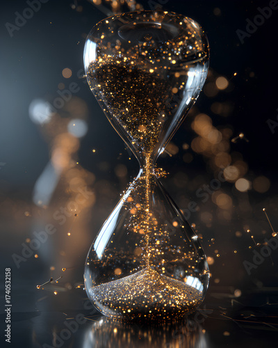 Time reverse hourglass with glowing golden particles flowing upward symbolizing anti aging and reversing time against dark gradient background
